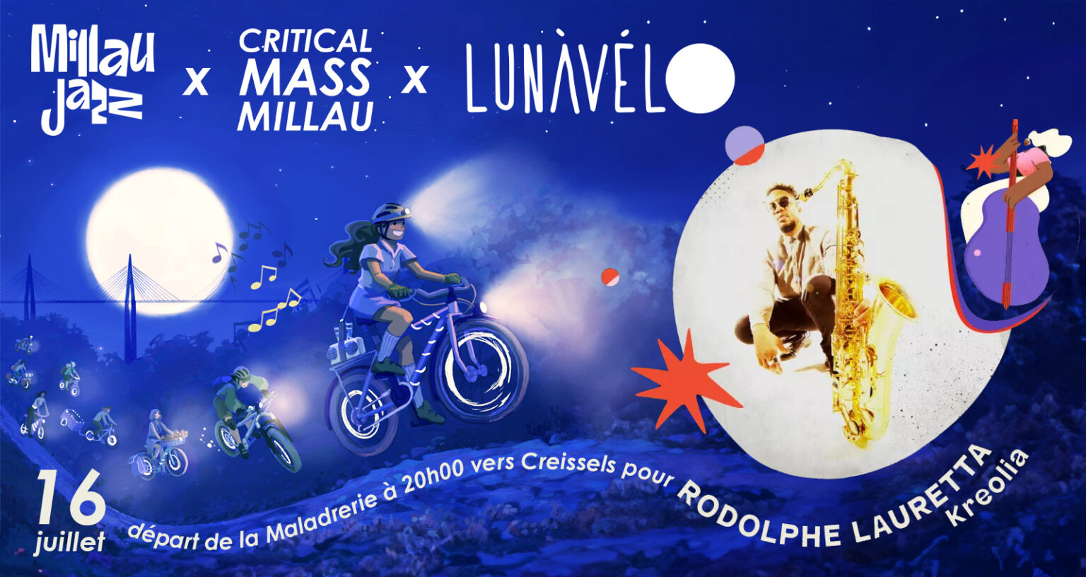Départ à Vélo vers le concert de Rodolphe Lauretta pour le Millau Jazz Festival. Départ à 20H de laa Maladrerie.
